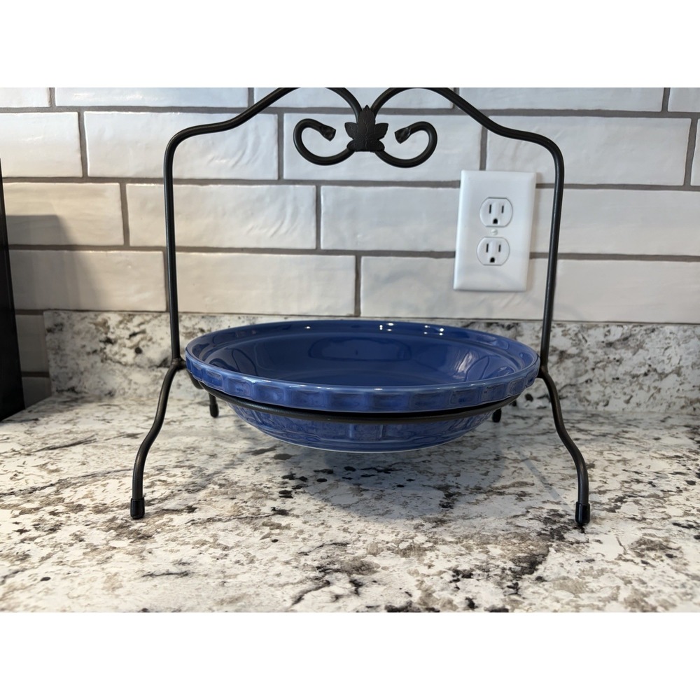 Longaberger Pottery Cornflower Blue USA made pie plate with wrought iron server